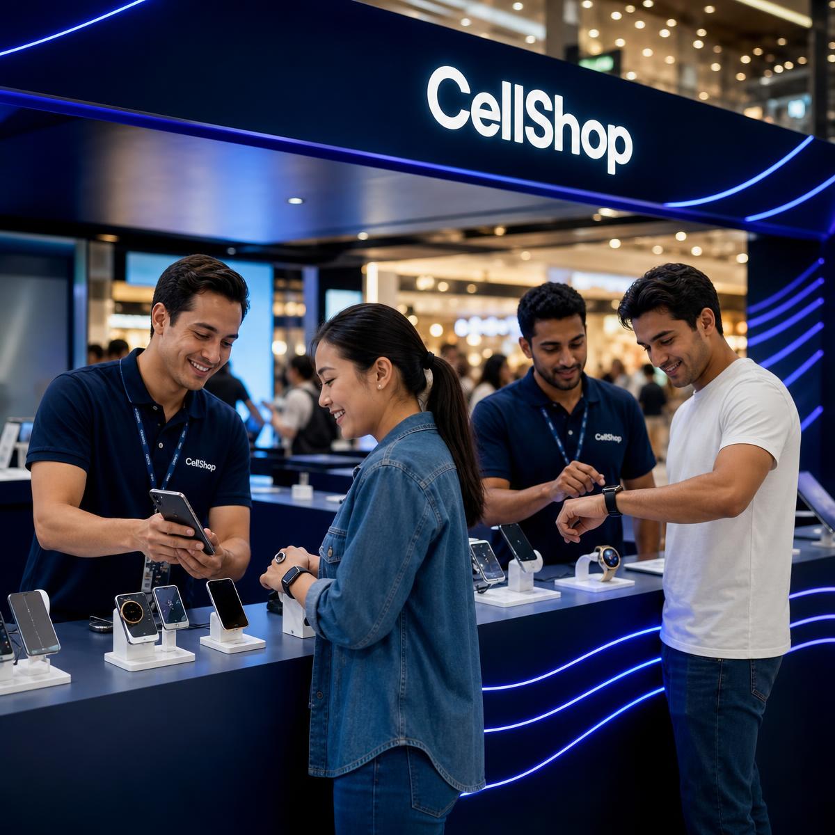 Quiosque Cellshop no shopping com atendentes e clientes testando produtos