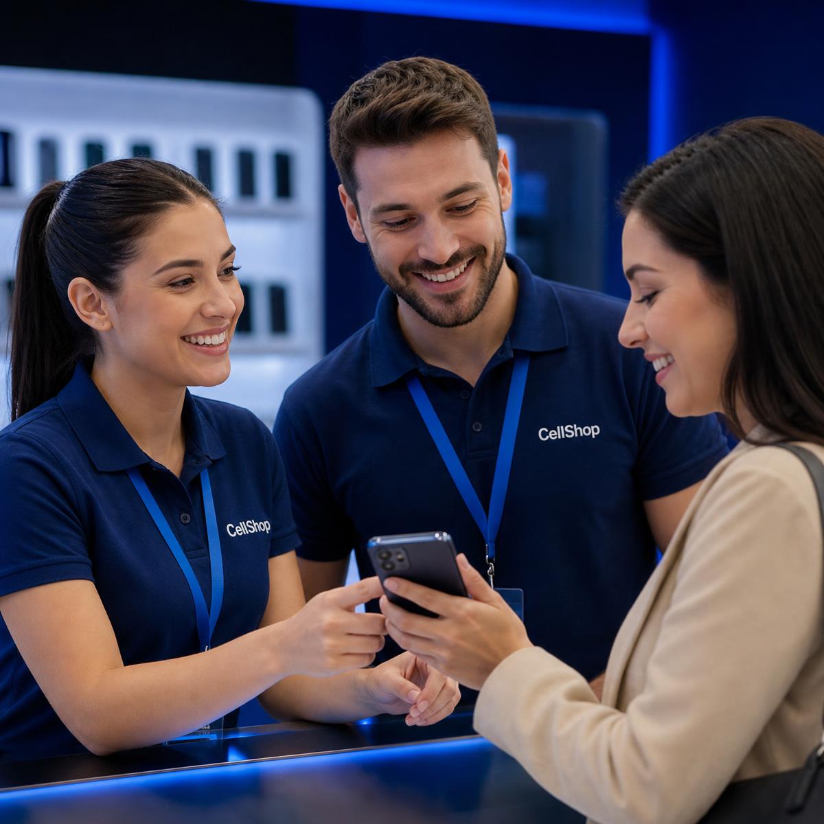 Dupla de atendentes Cellshop uniformizados sorrindo com uma cliente